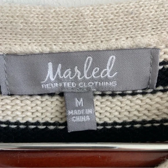 Marled Black and White Crew Neck Sweater‎ with Nautical Stripes Size M - Picture 4 of 12